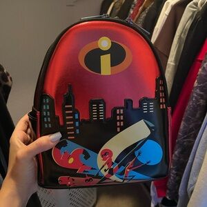 Loungefly The Incredibles Mini Backpack - Red & Black Cityscape
